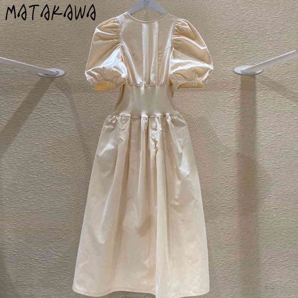 

matakawa long dresses for women korea's summer fashion robe puff sleeve short-sleeved vestidos slim waist dress female 210513, Black;gray