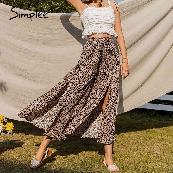

casual boho women leopard wide leg pant loose sash side split trouser streetwear elastic waist bottom ruffle summer 210414, Black;white