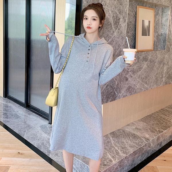 

maternity dresses 6656# 2021 autumn korean fashion cotton hoodies dress long sleeve loose clothes for pregnant women pregnancy, White