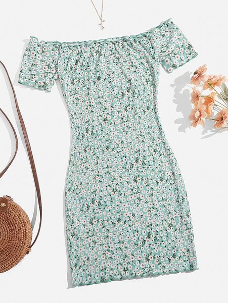 

ditsy floral print off shoulder lettuce edge dress x17w#, Black;gray