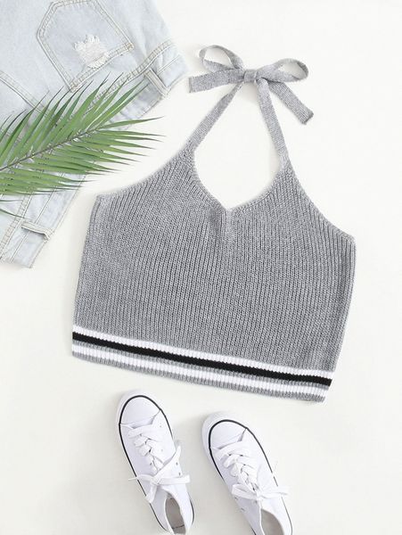 

plus halterneck tie back striped knit r5fs#, Black