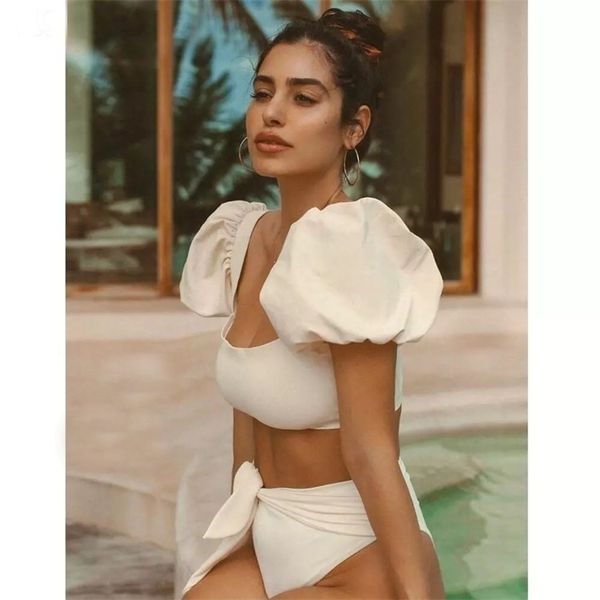 

high waist arrival bikini set white strappy swimwear women push up sleeves bandage swimsuit bathing suit beach wear 210714, White;black