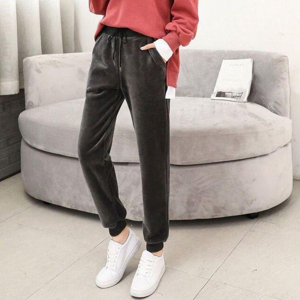 

women's pants & capris women spring and autumn velvet solid color harem mid-waist elastic loose trousers straight casual sweatpants 202, Black;white