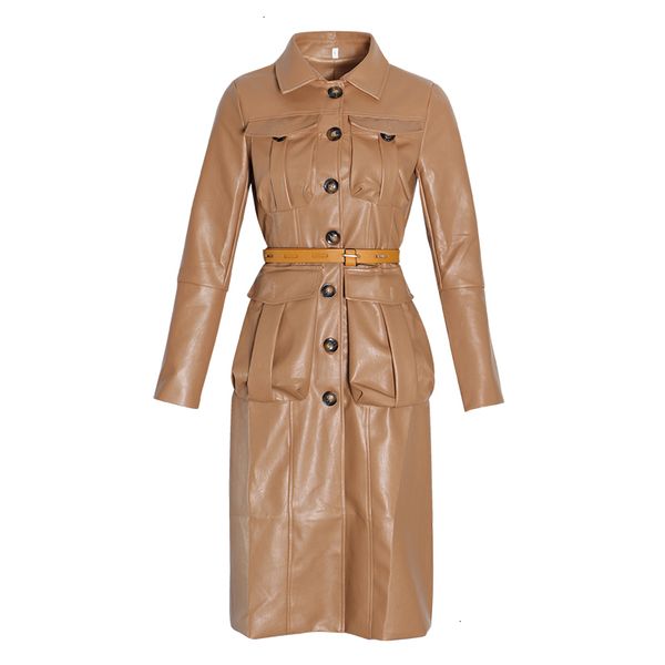 

twotwinstyle pu leather women's windbreaker lapel collar long sleeve high waist trench coats female autumn fashion new 201119, Black