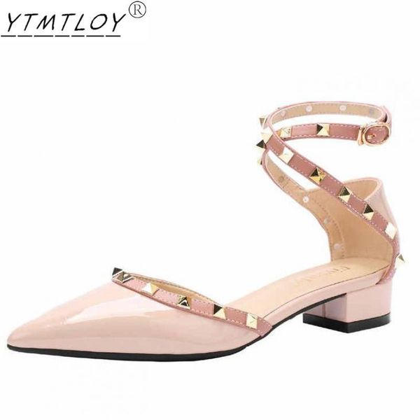 

sandals ladies pointed toe square heel low high heels summer shoes rivet zapatos de mujer, Black