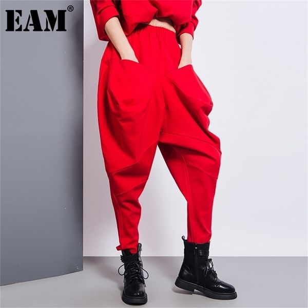 

[eam] big pockets spliced irregular high waist harem trousers loose fit pant fashion spring autumn 1dd2684 210915, Black;white