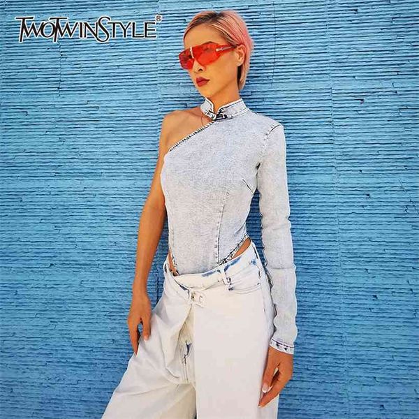 

asymmetrical denim jumpsuit for women stand collar irregular sleeve high waist slim jumpsuits female 210521, Black;white