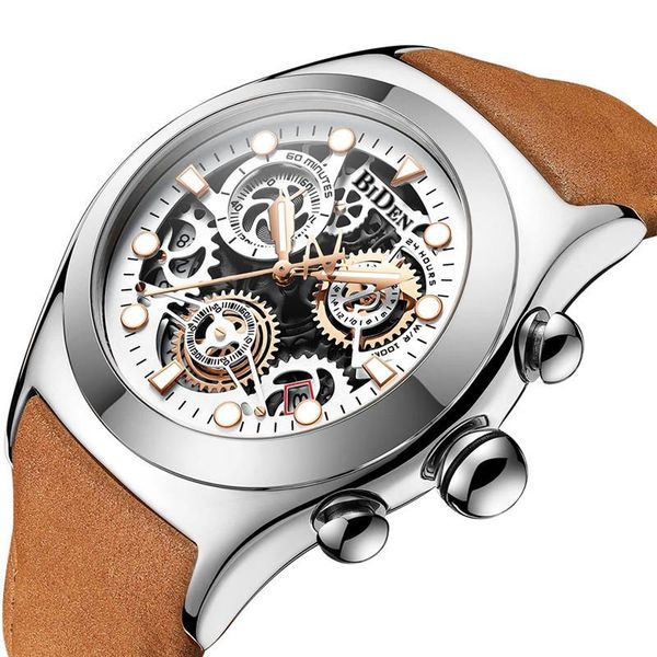 

wristwatches fashion men's watch six-pin chronograph waterproof belt personalized gift, Slivery;brown