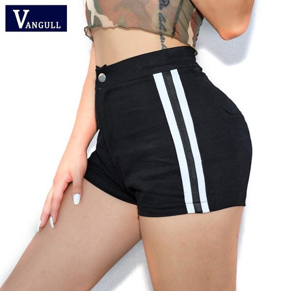 

women's shorts vangull black side striped skinny pockets cotton streetwear 2021 high waist feminino, White;black