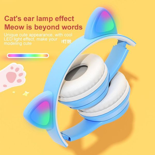 

& mp4 players wireless cute cat ear headphone bluetooth headset earphone headphones stereo foldable microphone for girl/women