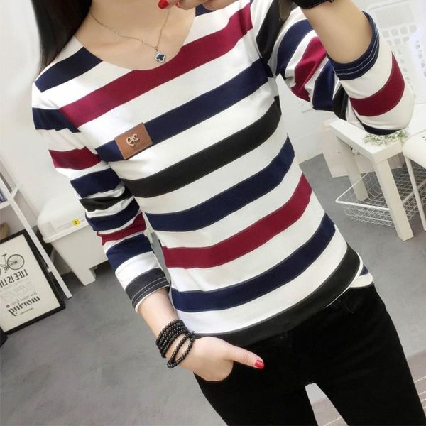 

women's t-shirt autumn spring female long sleeve women colorful stripe vetement femme t-shirts casual, White