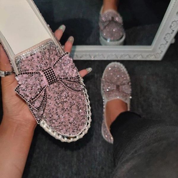 

dress shoes large size 43 female slip on butterfly knot platform shoes shining rhinestone women comfy loafers, Black