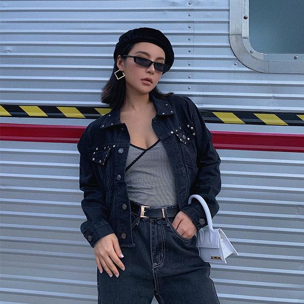 

women's jackets 2021 fashion clothing vintage loose black stud long sleeve denim jacket tassel, Black;brown