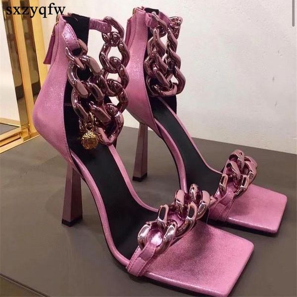 

sandals gold chain stiletto high heel women open toe ankle strap gladiator runway summer shoes leather metallic pink, Black