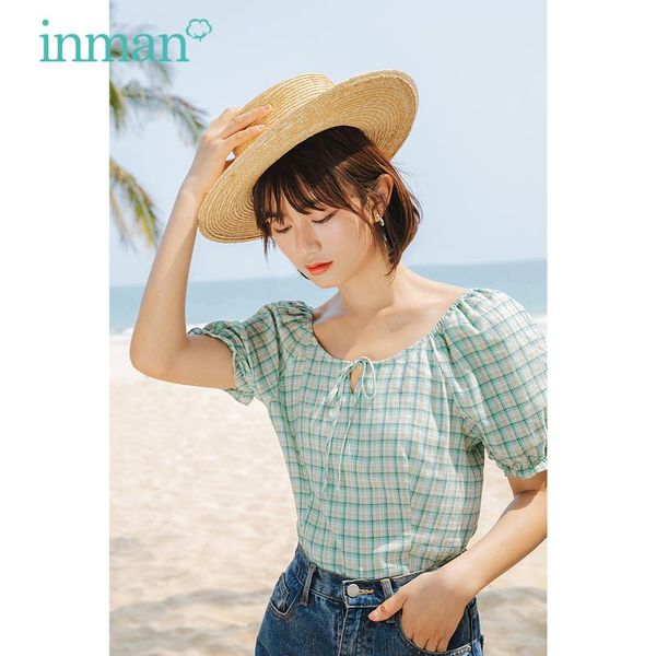 

women's blouses & shirts inman summer blouse pastoral fresh style round collar ribbon tether lacework cuff classic plaid short sleeve s, White