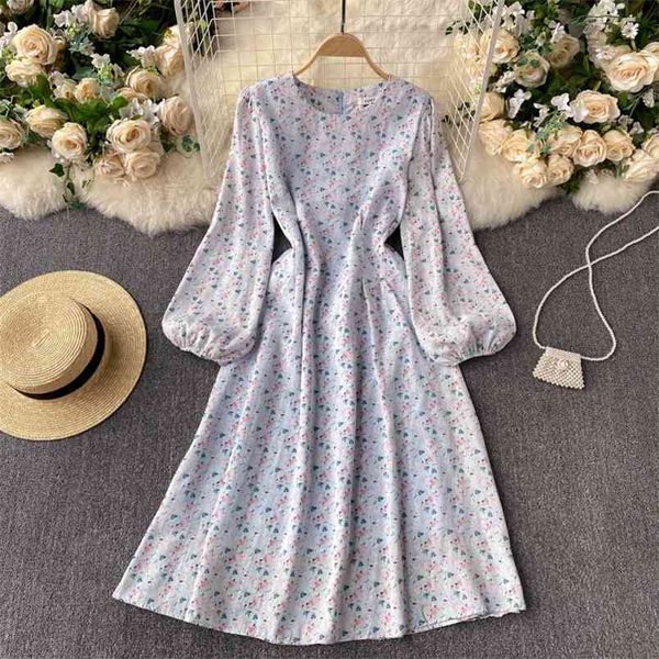 

french small fresh floral round neck bubble long-sleeved vestidos women's thin large a-line midi dress gk368 210506, Black;gray