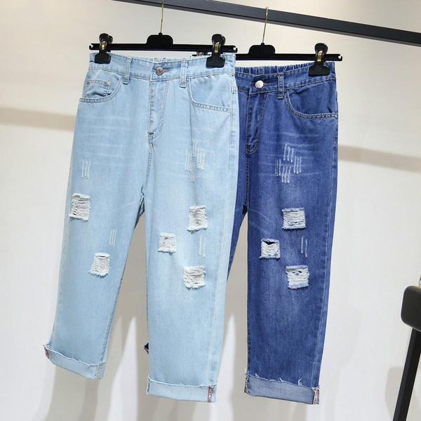 

women's jeans ripped for women high waist plus size summer softener loose calf-length denim harem pants 5xl 4xl, Blue