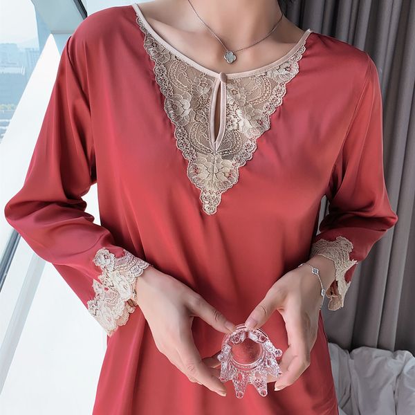 

2021daeyard lace trimmed pajama set for women spring summer long sleeve silk pyjamas soft sleepwear casual homewear 2pcs pijama, Black;red