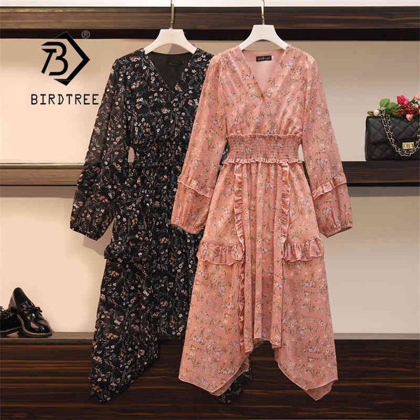 

spring summer women's vintage plus size floral midi dress long sleeve v neck elegant high waist irregular ruffle dresses d14609x 210419, Black;gray