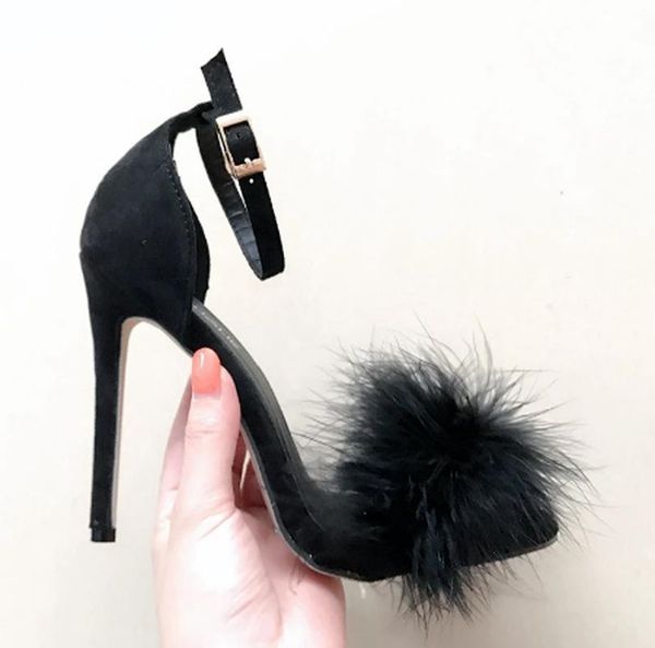 

sandals fashion 11cm heels designers summer shoes women stiletto sandalen open toe fluff strappy thin high lace up fur, Black