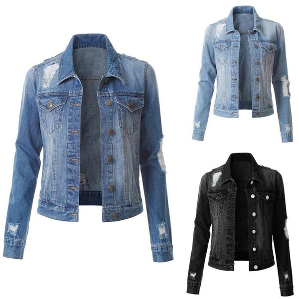 

women's jackets womail coat ladies casual solid color hole long sleeve slim single breasted denim jacket autumn and winter 2021, Black;brown