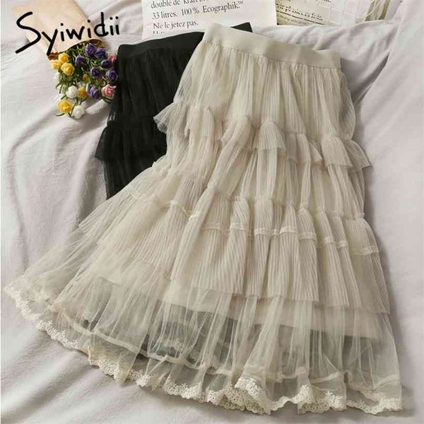 

ruffles spliced lace skirt women high waist mid-calf solid casual a-line mesh spring summer korean fashion skirts 210607, Black
