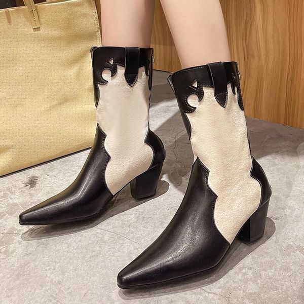 

boots rimocy vintage pointed toe western cowboy women mix color high heels mid calf woman back zipper autumn booties mujer, Black