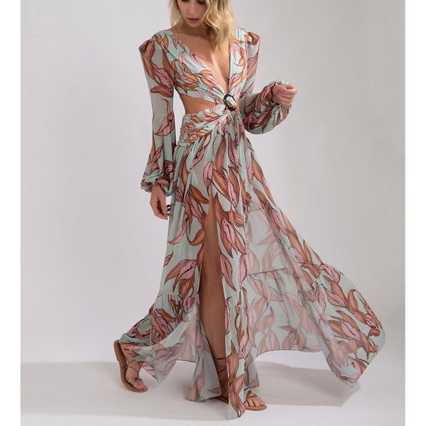 

casual dresses 2021 summer chiffon v neck hollow out long sleeve floral print women holiday dress boho slim split vestidos 60176, Black;gray