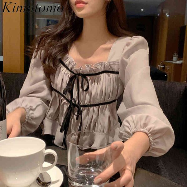 

kimutomo chic vintage blouse women french style panelled lace up shirt ladies square collar lantern sleeve elegant 210521, White