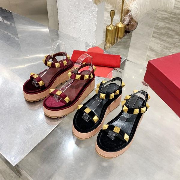 

sandals size35-41 women platform open-toes wedge heels ladies studded genuine leather zapatillas mujer designer shoes, Black