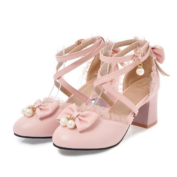 

plus size female ankle strap high heels shoes girls sweet lace up thick heel fashion hollow women party wedding pumps dress, Black