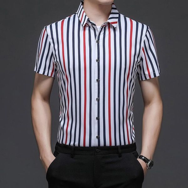 

men's casual shirts 2021 summer business fashion slim vertical striped short sleeve lapel shirt, White;black