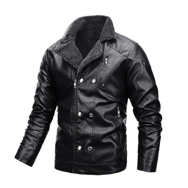 

men's fur & faux 2021 thick warm winter plus velvet leather jacket men fashion double breasted zipper punk motorcycle mens jackets, Black