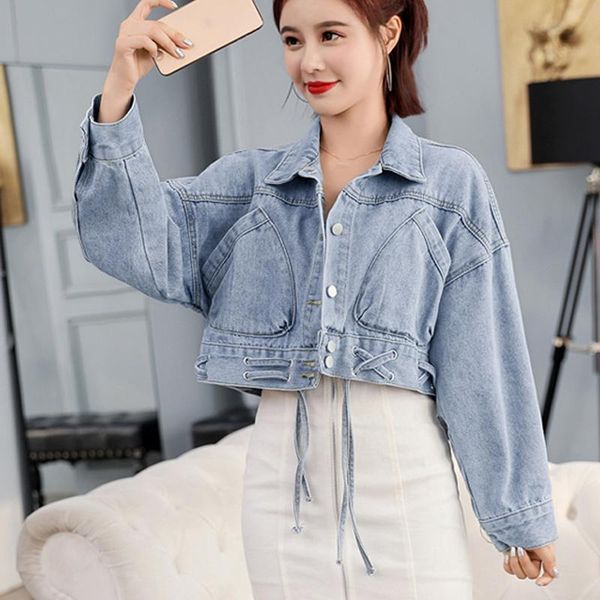 

women's jackets 2021 autumn foreign air hem cross strap bat sleeve denim short jacket female loose, Black;brown