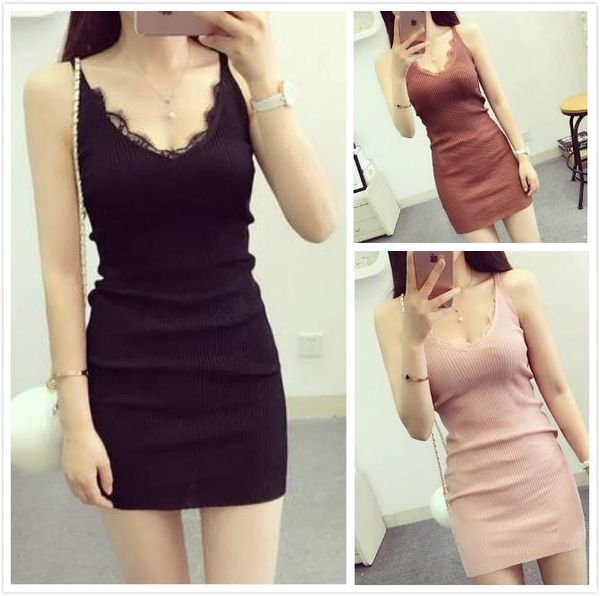 

casual dresses women lace dress panel knit v-neck sleeveless spaghetti strap bottoming mini camisole, Black;gray