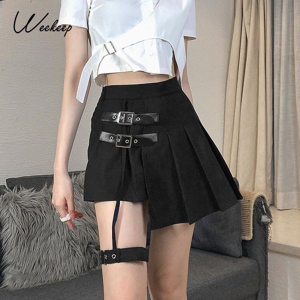 

skirts weekeep gothic leather buckle pleated skirt women high waist black punk mini summer casual 90s short streetwear y2k chic