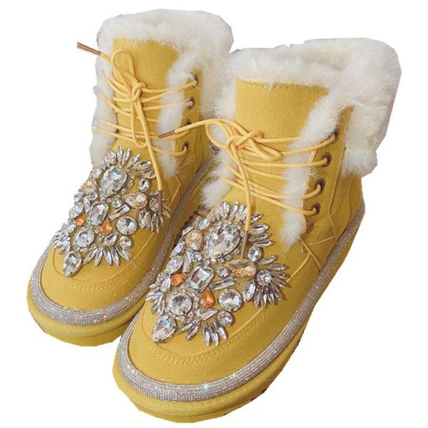 

boots luxury bling gem crystals fur snow women's rhinestones lace up platform ankle booties warm plush winter shoes female 2021, Black