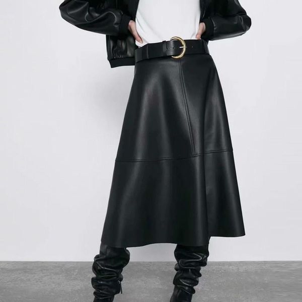 

skirts vintage belt pu leather womens high waist midi skirt streetwear casual office pleated black full winter