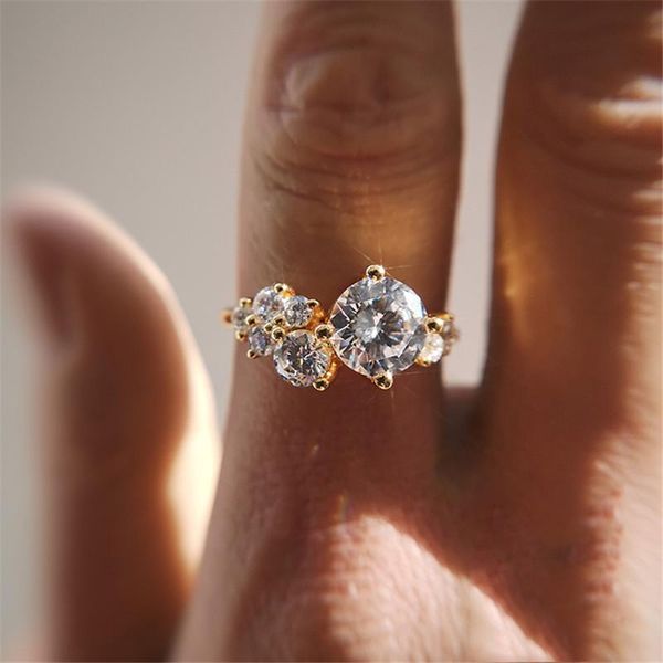

wedding rings luxury female white zircon stone ring dainty gold silver color engagement charm crystal round for women, Slivery;golden