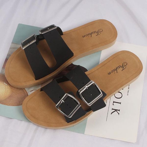 

slippers fashion 2021 women double buckles bring summer casual beach shoes d2#2, Black