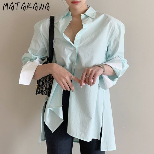

matakawa irregular split blouses single-breasted women shirts long-sleeved women loose summer lapel contrast color blusas 210513, White