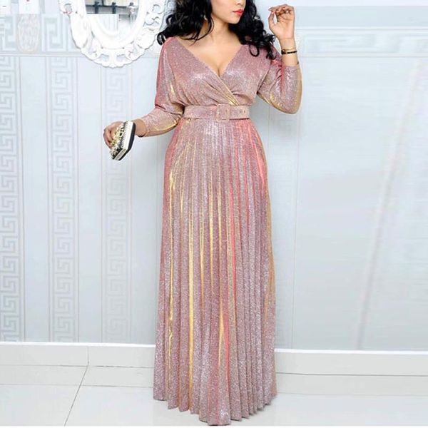 

casual dresses 2021 women sequin wrap belt deep v-neck pleated cocktail party dress solid floor-length long sleeve elegant, Black;gray