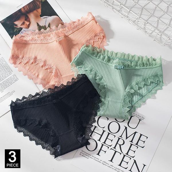 

women's panties cotton woman lace briefs fashion solid color knickers girls bow underpants set underwear drop 3 pcs/lot, Black;pink