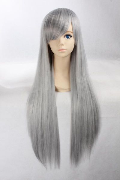 Parrucca cosplay Jushiro Ukitake 80cm grigio argento capelli sintetici lisci lunghi misti per donna uomo + cuffia per parrucca