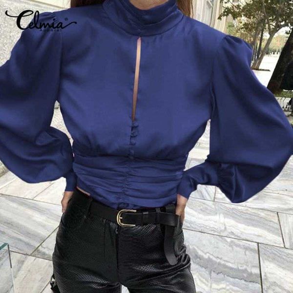

women's blouses & shirts blouses celmia women hollow blouse stand collar satin elegant puff sleeve streetwear fashion pleated oversize, White