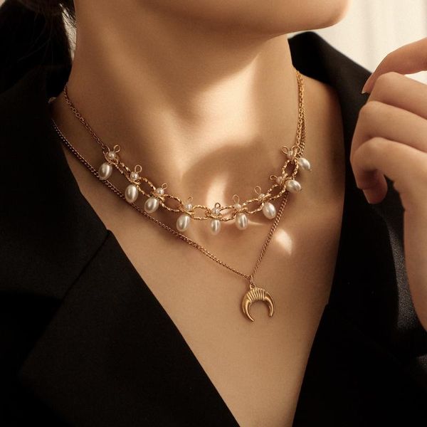 

pendant necklaces gold titanium steel ins women charm crescent moon double layering necklace, Silver