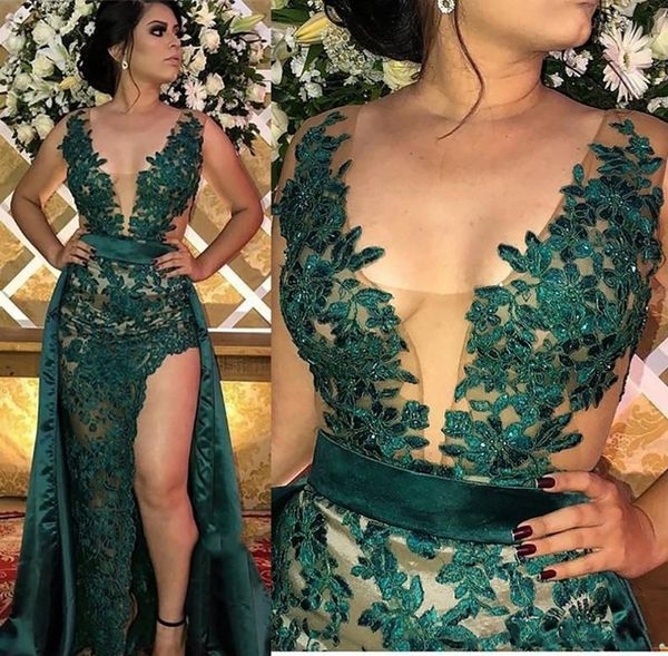 

hunter green split evening dresses with detachable skirt sheer illusion bodice appliqued long arabic party gowns prom wear, Black;red