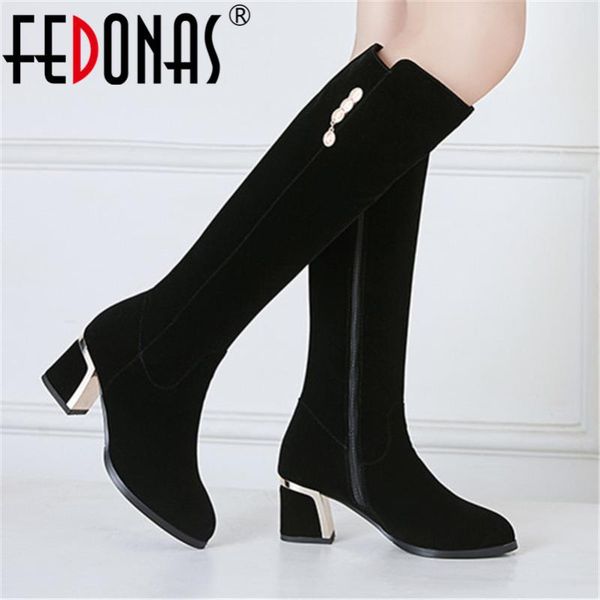 

prom elegant women flock big size knee high boots side zipper winter warm long female metal vintage shoes woman, Black