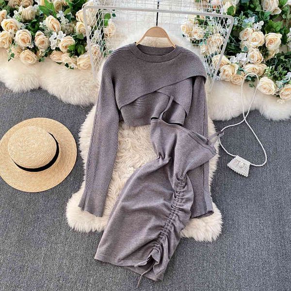 

two piece dress foamlina women chic 2 pieces set solid long sleeve cropped knit pullover sweater and strap drawstring mini bodycon, White