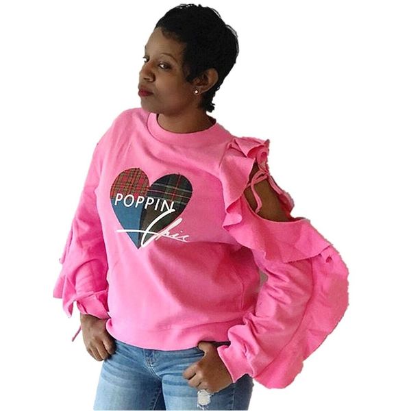 

sales printed women t shirts with ruffles hollow out lace up long sleeves girls tees autumn sweatshirts 3 colors in stock, White